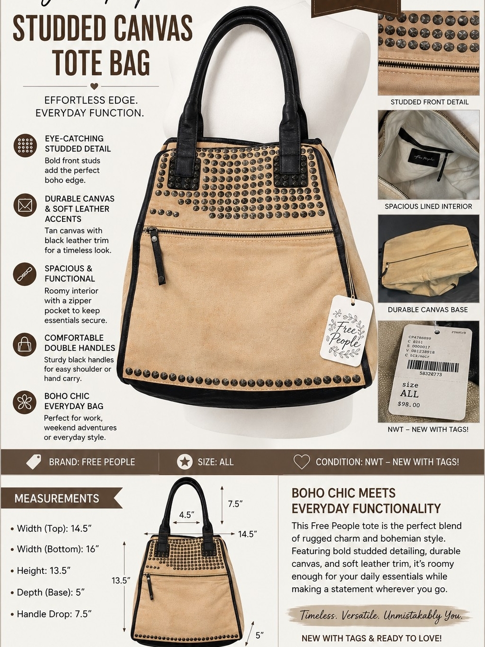 Free People Tan Canvas Tote with Black Leather Trim & Studs